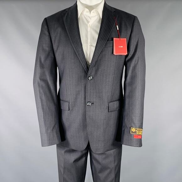 TAILO RED Size 40 Grey Light Blue Pinstripe Wool Single Breasted Suit - Picture 1 of 15